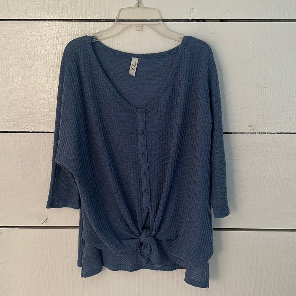 L Love Small Blue Knit V neck top